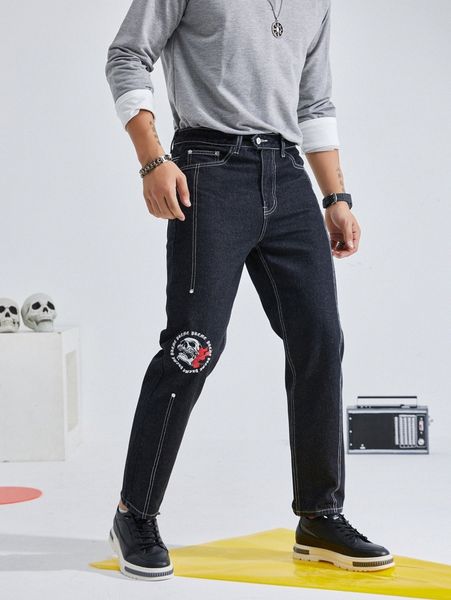 

men skull & slogan graphic jeans l1oo#, Blue