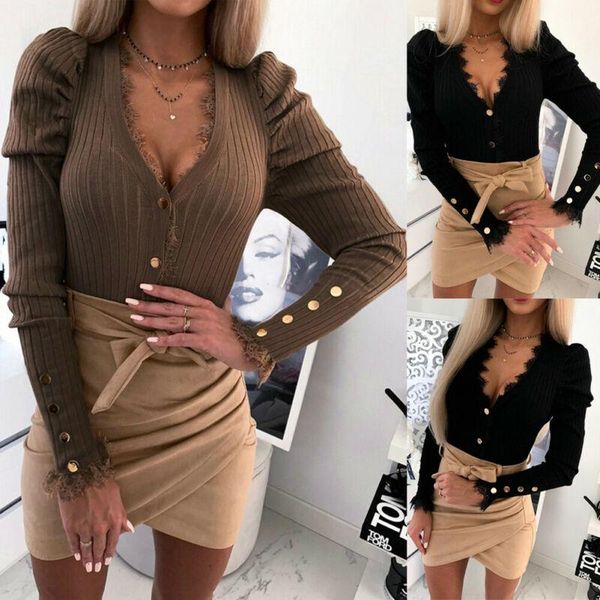 

women casual long sleeve deep v neck knit sweater jumper loose blouse shirt, White