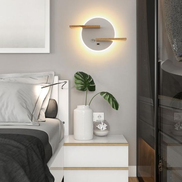 

wall lamp shelf solid wood bedside with switch nordic living room aisle decoration simple modern bedroom lamps