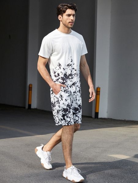 

men splatter painting tee & drawstring track shorts o45q#, Gray