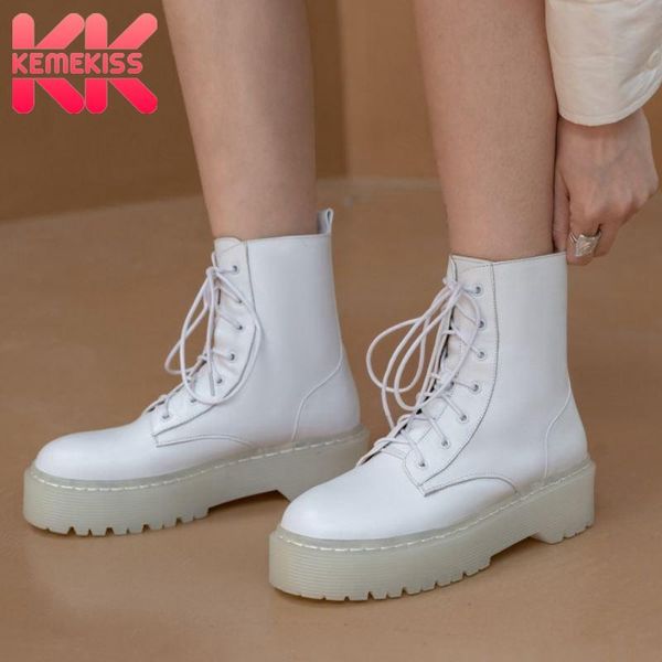 

boots kemekiss genuine leather woman ankle cross strap thick bottom winter shoes fashion platform footwear size 33-40, Black