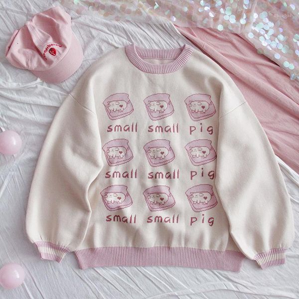 

autumn winter japanese women cute young girl sweater cartoon print loose pullover knitting puff sleeve wild preppy style1, White;black