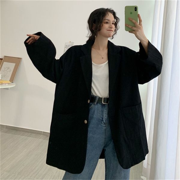 

2021 new korean retro black suit blazer solid female long sleeve designer jackets fashion casual office winter clothes women 4z55, White;black