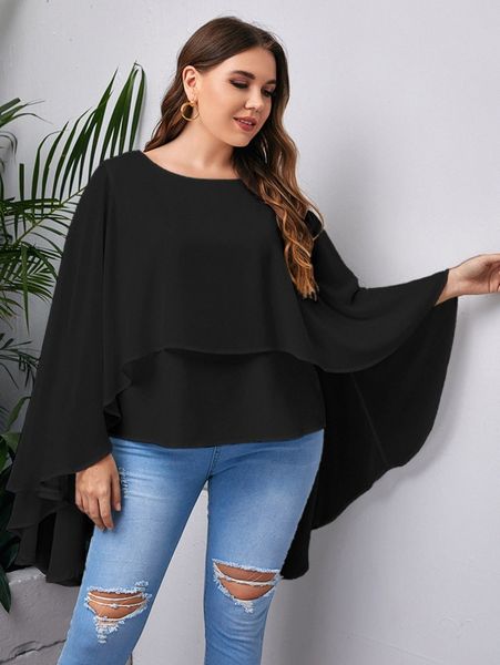 

plus solid high low cloak sleeve blouse p0sn#, Black