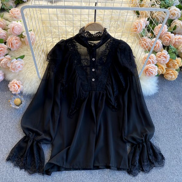 

2021 new vintage female ribbon spring blouse neck enlargement loose chiffon polka dot blouses style 6udg, White