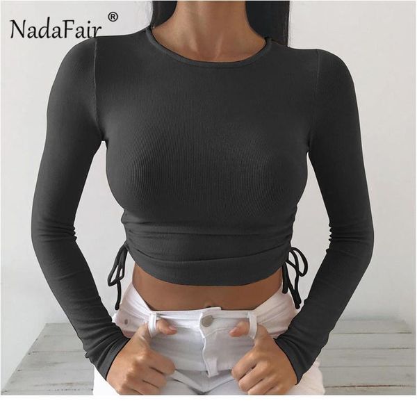 

nadafair o neck women crop long sleeve double drawstring ribbed knit t shirt 2020 autumn pure tee lady sqcjin, White