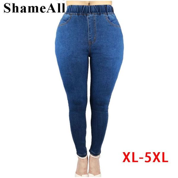 

women's jeans plus size high waist stretch for girls woman elastic female washed denim skinny pencil pants mom blue black 5xl