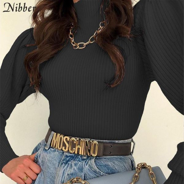 

nibber warm turtleneck knitting women slim fall winter solid casual lantern sleeve high streetwear female basic pullover top, White