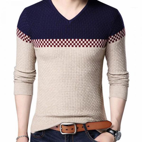 

2019 autumn winter warm wool sweaters casual hit color patchwork v-neck pullover men brand slim fit cotton sweater1, White;black