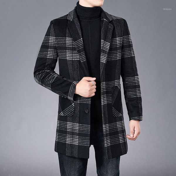 

wool coat windbreaker men's autumn and winter new men's youth slim plaid leather mid length1, Black