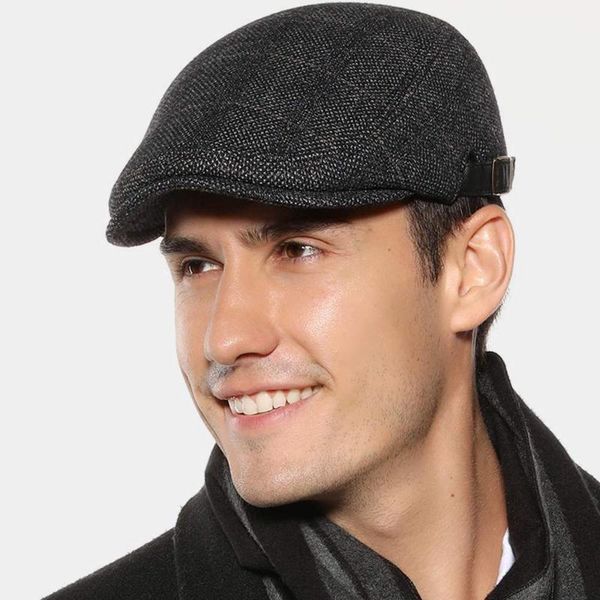 

men's beret caps british plaid cap men outdoor casual hat felt adjustable solid color casual retro visor sun hat warm winter new, Blue;gray