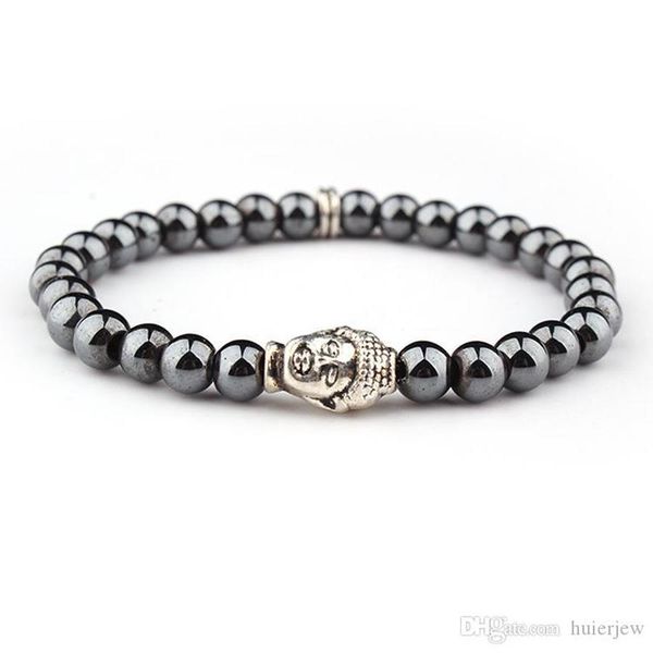 

genuine pretty natural stone hematite bracelets for women men chic charms bracelets lucky hematite golden & silvery elastic buddha head brac, Black