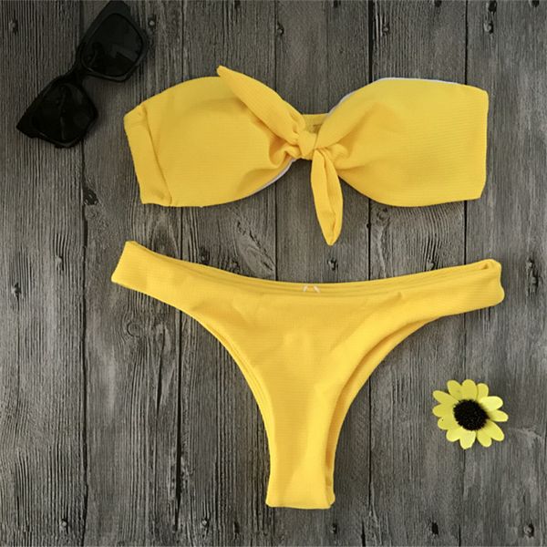 

fashion bow knot bandeau bikini off shoulder swimsuit summer soft beach swimwear women solid swimming bikini party swimwear