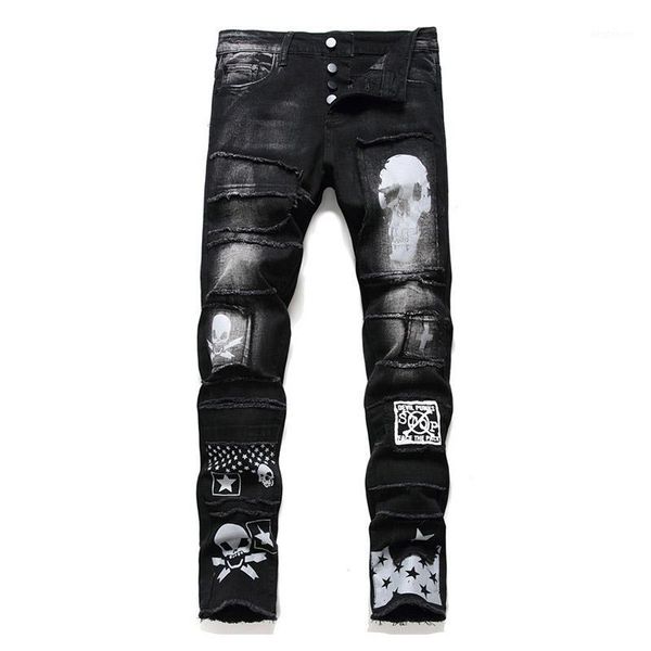 

men's jeans mcikkny men punk skull pants ripped printed denim trouser for male patchwork washed size 29-381, Blue