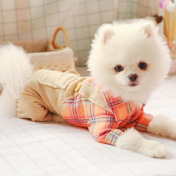 

dog apparel boy/girl puppy costume teddy chihuahua cute pet cat jumpsuit rompers four legs plaid double buckle student overalls