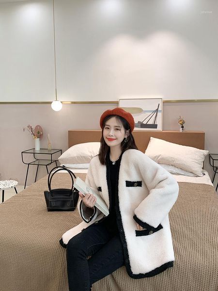 

casual winter wool blends coats woman fur collar coats automotive women overcoats shearling lamb fur biker coat 20211, Black