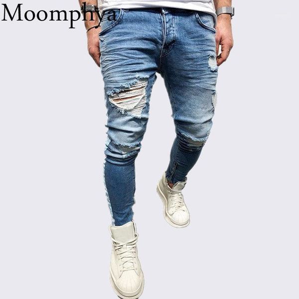 

moomphya distressed ripped holes men jeans side striped blue jeans men zipper hip hop streetwear slim biker skinny1