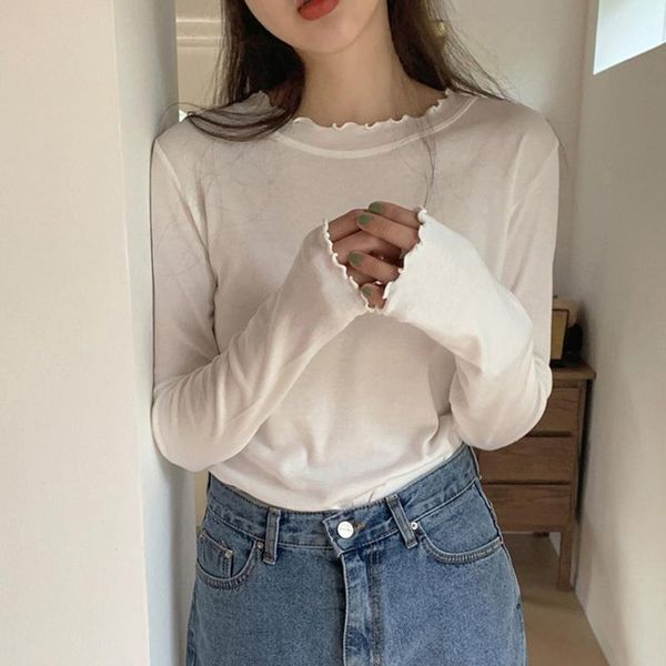 

tee shirt women 2021 spring new thin elasticity t-shirt korean style clothes slim long sleeve tshirt female mujer camisetas, White