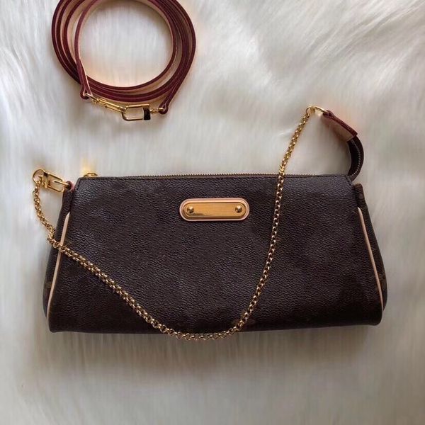 

eva small pochette with chain and strap versatile for shoulder bag cross body classic square metal engraved logos printed coated canvas bag