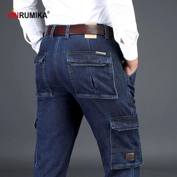 

men's jeans 2021 spring autumn thicken overalls man multi-pocket cargo cowboy long pants denim dark blue trousers