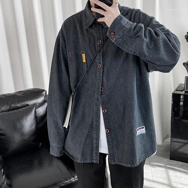 

men's casual shirts 2021 men's large size long length sleeve causal shirt washed denim coat cotton camisa masculina solid color, White;black