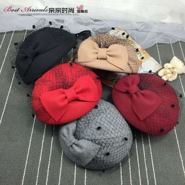 

woman autumn winter korean small fashion versatile bow wool felt mesh woolen hat beret
