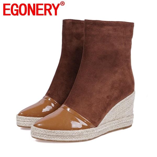 

boots egonery fashion wedge ankle 2021 spring autumn flock 8cm high heels women's shoes patent leather pointed toe booties, Black