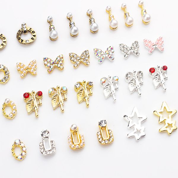 

tamax nar010 28 styles metal pearl bow leaf shape nail ornaments nail rhinestones nail art decorations nails alloy accessories, Silver;gold
