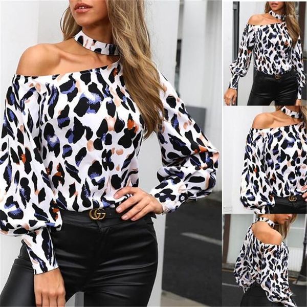 

2020 bare shoulder t-shirts lady autumn spring long lantern sleeves halter wear female leopard printed casual tee shirt1, White