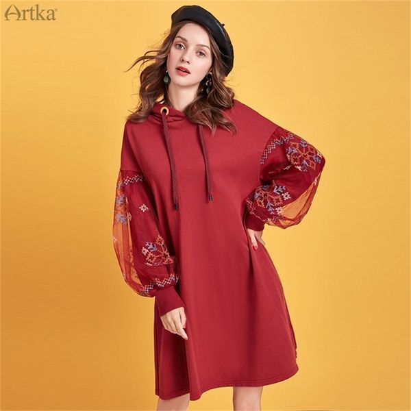 Artka Outono Inverno Novas Mulheres Mulheres Suénshirt Malha Do Vintage Bordado Moletom Com Capuz Moletom Com Capuz Camisola Longo Vestido VA15095D 201217