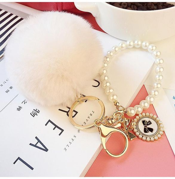 

pearl bow tag pompon key chain fluffy leopard print key rings women bag car keychain charm pendant pom pom holder gift1, Silver