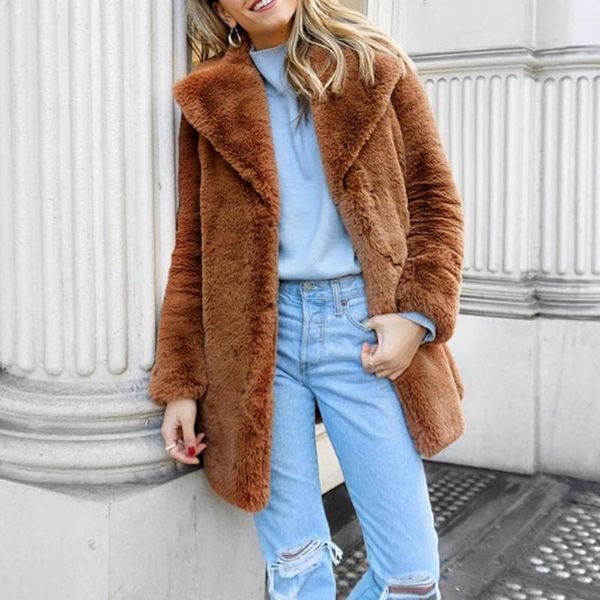 

women's fur & faux winter jacket coat thicken warm fake female long sleeve overcoat covered collar slim outwear l1650, Black