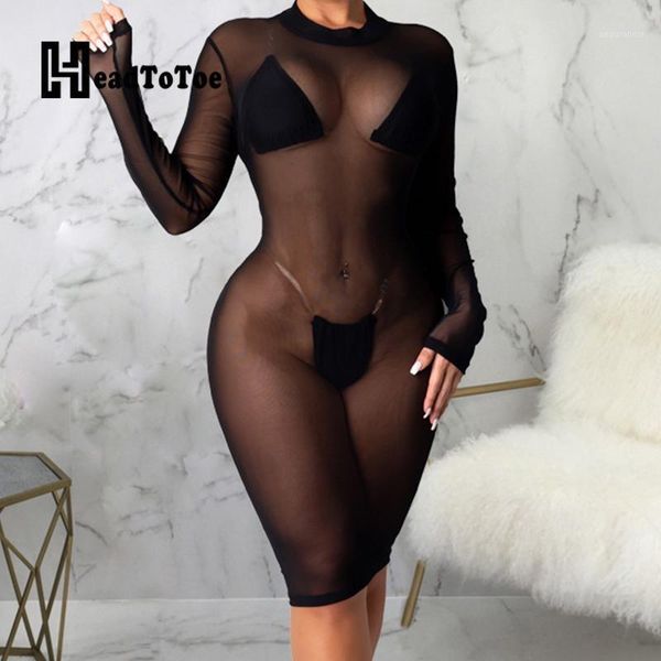 

solid mesh club dress woman full sleeve round neck knee length skinny slim bodycon dress1, Black;gray