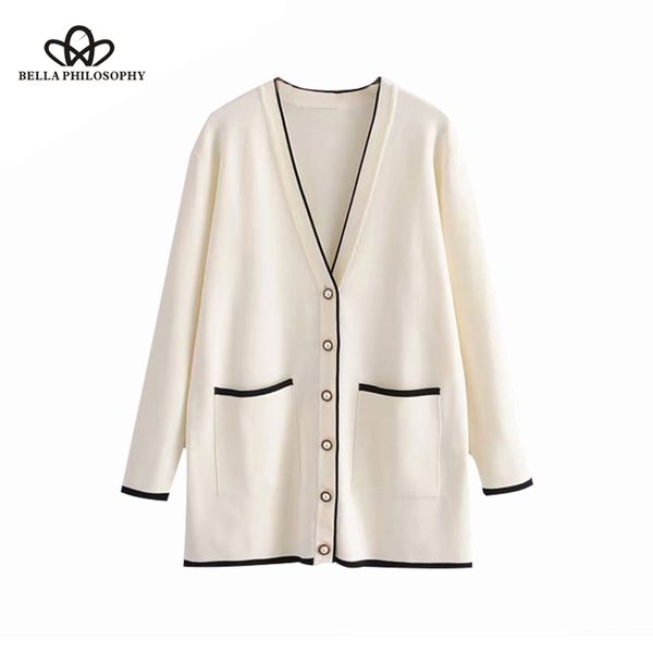

bella philosophy vintage chic pearl buttons knitted cardigans sweater women 2019 v neck pockets loose outerwear casual casaco c1120, White;black