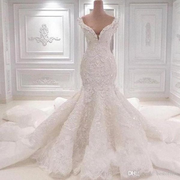 

2021 luxury mermaid saudi arabia wedding dresses scoop neck full lace appliqued crystal long cathedral train wedding bridal gowns bc0221, White