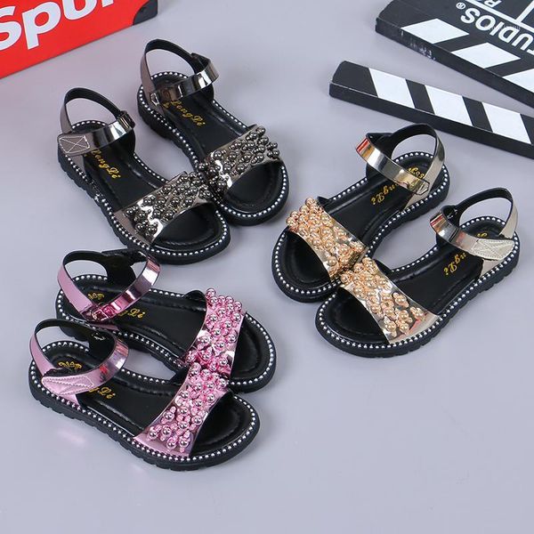 

sandals girls shoes for children glitter pu leather beach school kids princess tow style size 27-37 stq0211, Black;red