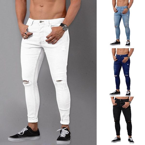 

jeans for women spring autumn hole high waisted denim pants streetwear skinny male slim jean pant trousers white black, Blue