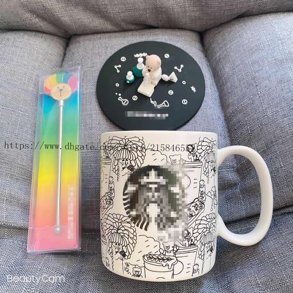 

473ml starbucks ceramic coffee mug green bear mug with lid spoon deskcups