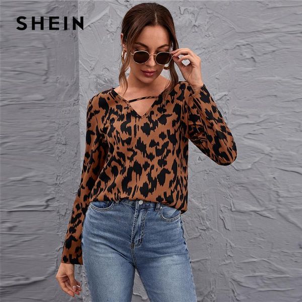 

women's blouses & shirts shein multicolor keyhole neck leopard blouse women spring autumn long sleeve ladies casual and, White
