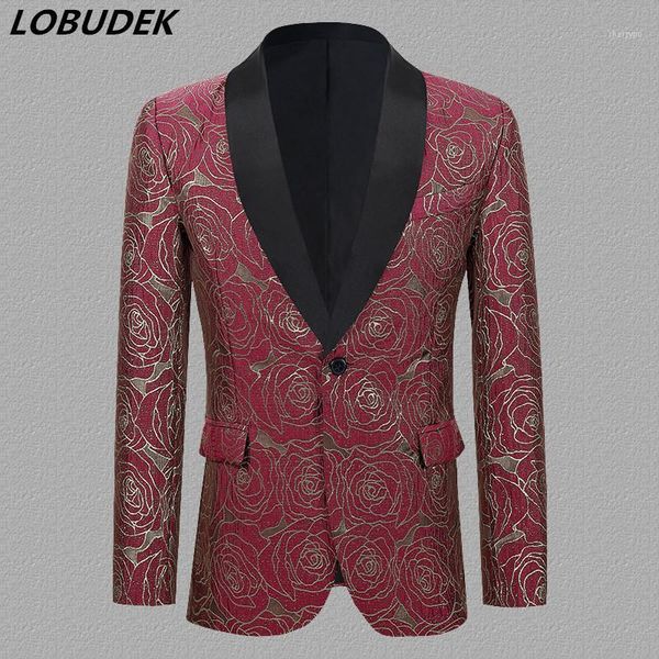 

men's jacquard blazer rose pattern embroidery slim fit casual suit jackets wedding banquet evening party singer host blazers1, White;black