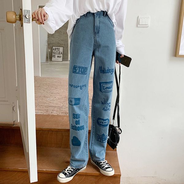 

2021 New spring style loose female brem breech waistband letter high-waisted brim for women with long women's leg pants (f9011) P8Z0, Blue