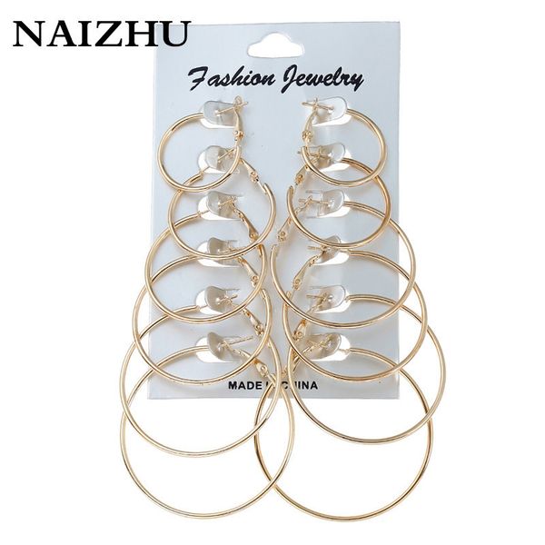 

naizhu new fashion jewelry 6 pair/set gold sliver plated big hoop earrings set women ear clip girls party earring, Golden;silver