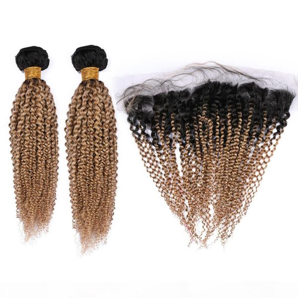 

#1b 27 honey blonde ombre kinky curly 2bundles malaysian hair and frontal light brown ombre human hair weaves with 13x4 lace frontal closure, Black