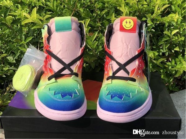 

горячий лучший воздушный аутентичный j balvin 1 высокий ог цвет y вибрас кроссовки многоцветные языки языки черные розовые пена многоцветные