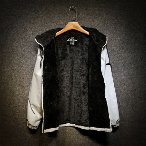 

men's winter fleece warm full reflective jackets night shiny hoodies women hip hop waterproof windbreaker hooded streetwear coat, Black
