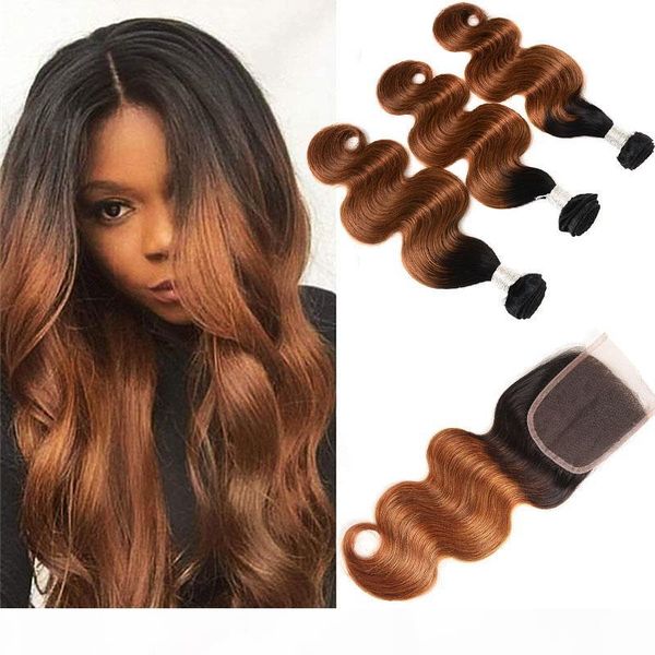 

indian virgin hair cambodian 1b 30 human hair body wave 3 bundles with 4x4 lace closure two tones color 1b 30, Black;brown