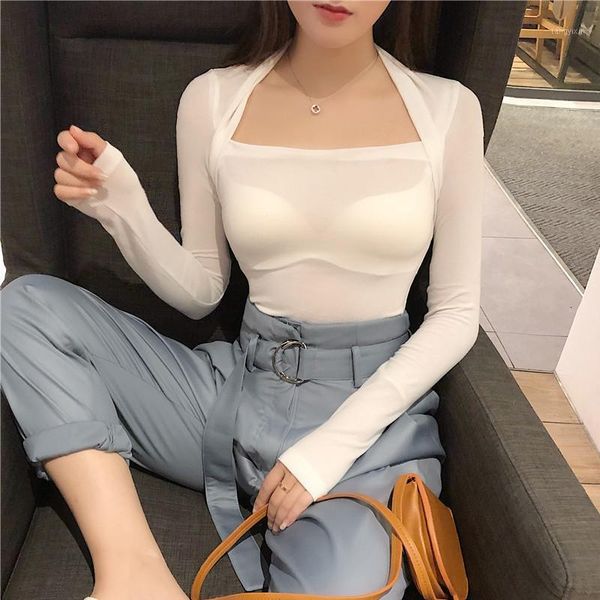 

2020 spring autumn fashion streetwear solid color black white red tight t-shirt long sleeve square collar crop women1
