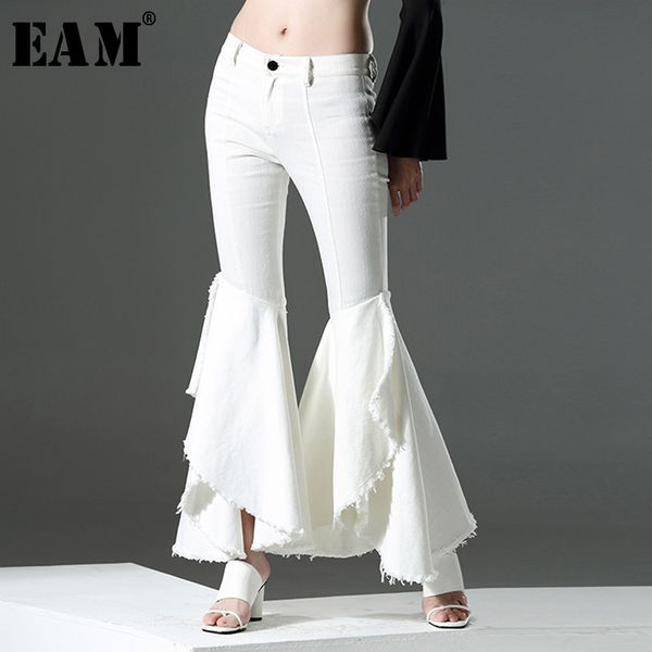 

[eam] high waist white denim customized ruffles flare trousers new loose fit pants women fashion tide spring autumn 2020 lj201201, Black;white