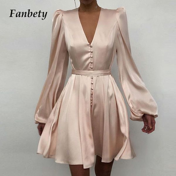 

spring fashion satin solid long sleeve dress 2021 elegant women button a-line mini dress casual loose v-neck party vestido, Black;gray