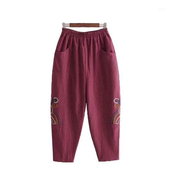 

women's trousers spring autumn retro fashion harem pants elastic high waist embroidery large size loose casual women's pants1, Black;white